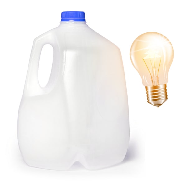 Gallon jug with a light bulb next to it illustrating an idea about blow molding